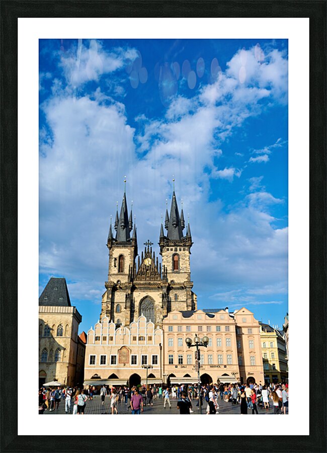 Crowded Old Town Square Prague featuring Týn Church. Picture Frame print