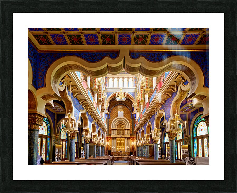 Stunning ornate synagogue interior featuring colorful arches an Picture Frame print