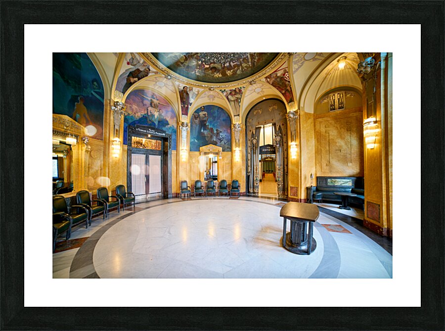 Ornate historic hall with murals arches and elegant seating. Picture Frame print