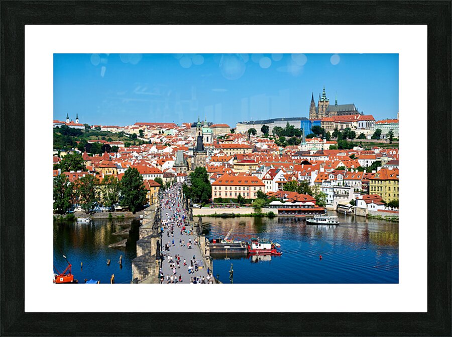 Pragues iconic Charles Bridge Vltava River and historic city  Picture Frame print