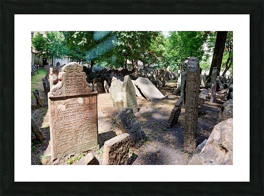 Ancient Jewish cemetery with weathered gravestones and trees. Picture Frame print