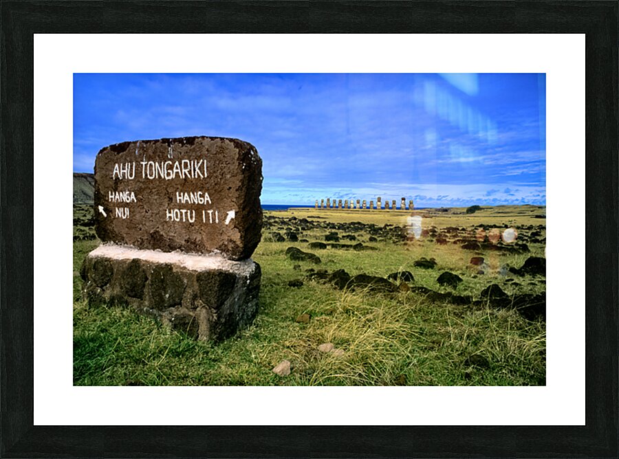 Easter Islands Ahu Tongariki Moai statues and directional sign. Picture Frame print