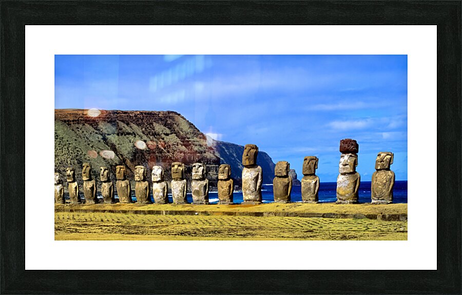 Easter Island Moai statues against ocean and cliffs. Picture Frame print