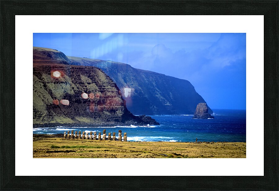Moai statues on Easter Islands dramatic coastal landscape. Picture Frame print