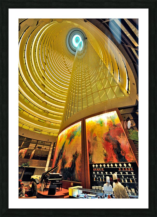 Grand hotel atrium with spiral design and sushi bar in Shanghai Picture Frame print