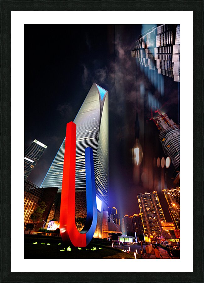Luminous Shanghai skyscrapers and abstract sculpture at night Picture Frame print
