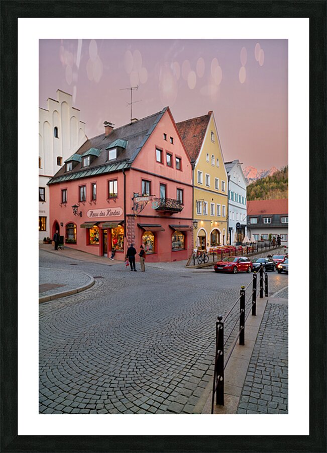 Streets of Fussen on the Romantic Road at dusk Picture Frame print