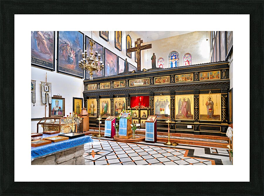 Orthodox Church interior in Jerusalem with icons and decorations Picture Frame print