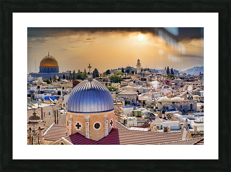 Dramatic sunset over the old city of Jerusalem in Israel Picture Frame print