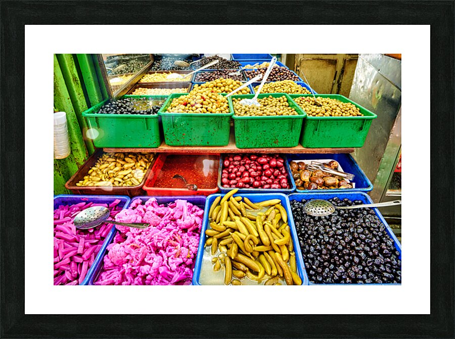 Pickles and olives for sale in market in old city of Jerusalem Picture Frame print