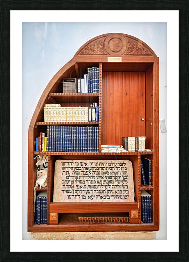 Bookshelf with religious texts in Sephardic synagogues in Jerusa Picture Frame print