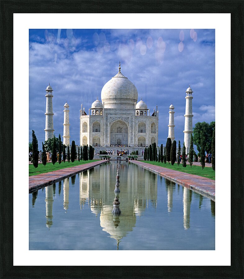 Taj Mahal stands in Agra with clear sky and reflecting pool Picture Frame print