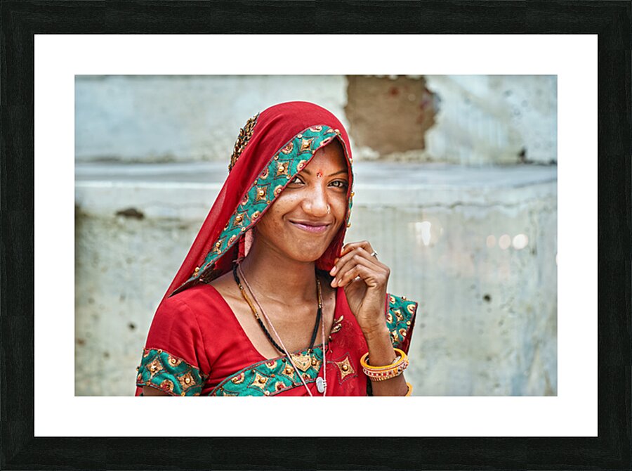 Portrait of a woman in traditional dress in Mandawa Rajasthan Picture Frame print