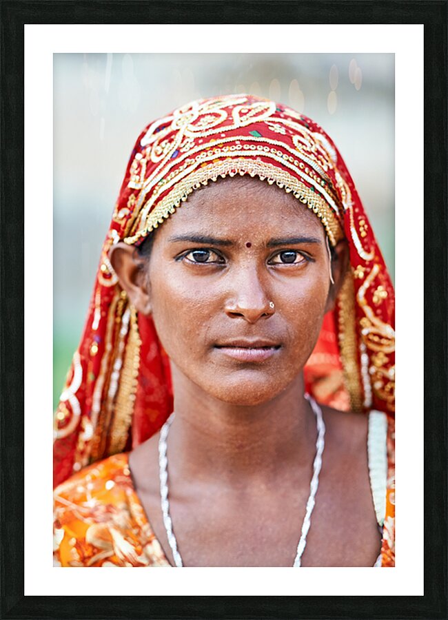 Portrait of woman in traditional dress in Mandawa Rajasthan Picture Frame print