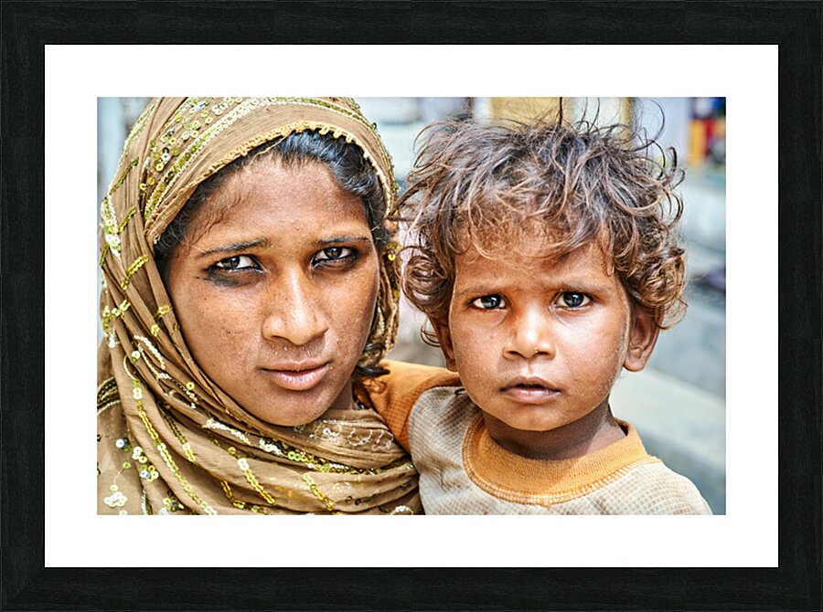 Mother and son standing together in Mandawa Rajasthan Picture Frame print