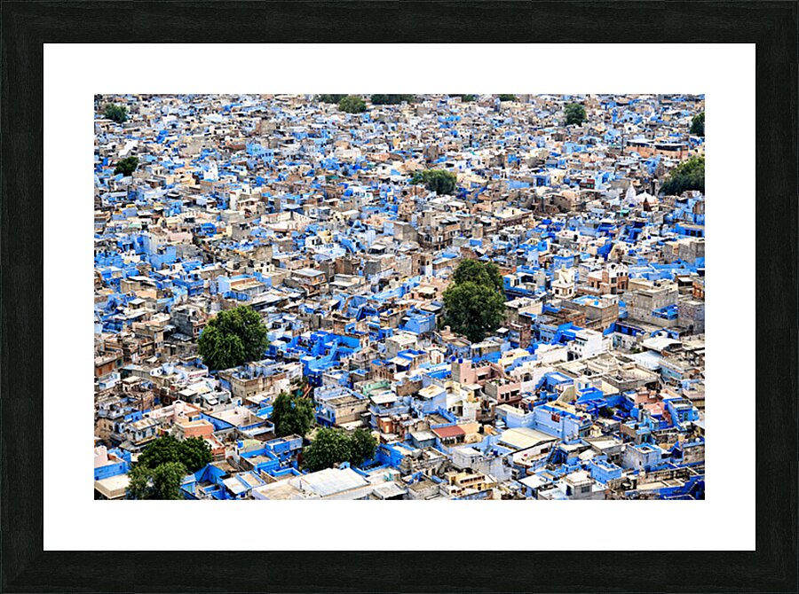 Cityscape view of blue houses in Jodhpur Rajasthan in India Picture Frame print