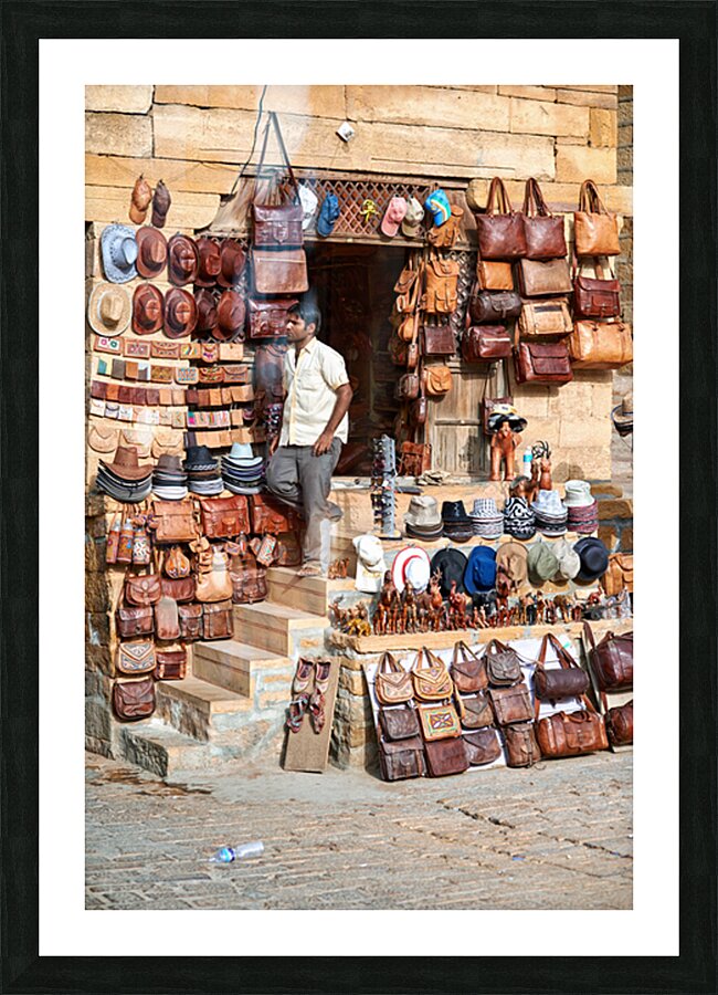 Selling leather bags in Jaisalmer from a shop Picture Frame print