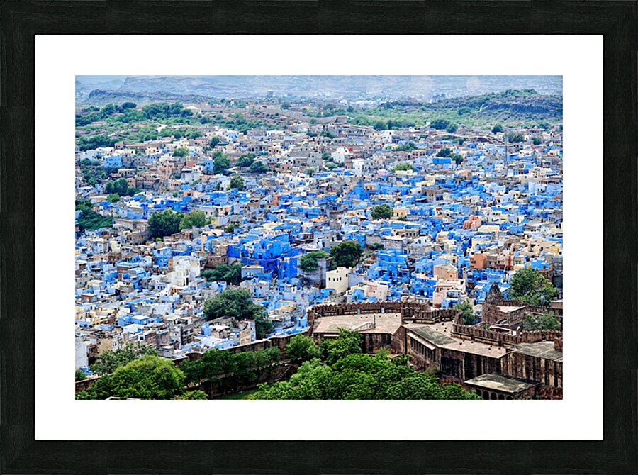 Cityscape view of blue buildings in Jodhpur Rajasthan Picture Frame print