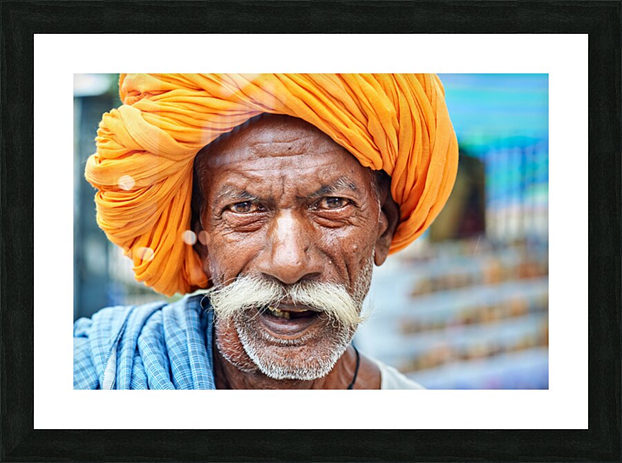 Old man in Bundi Rajasthan showing traditional culture and attir Picture Frame print