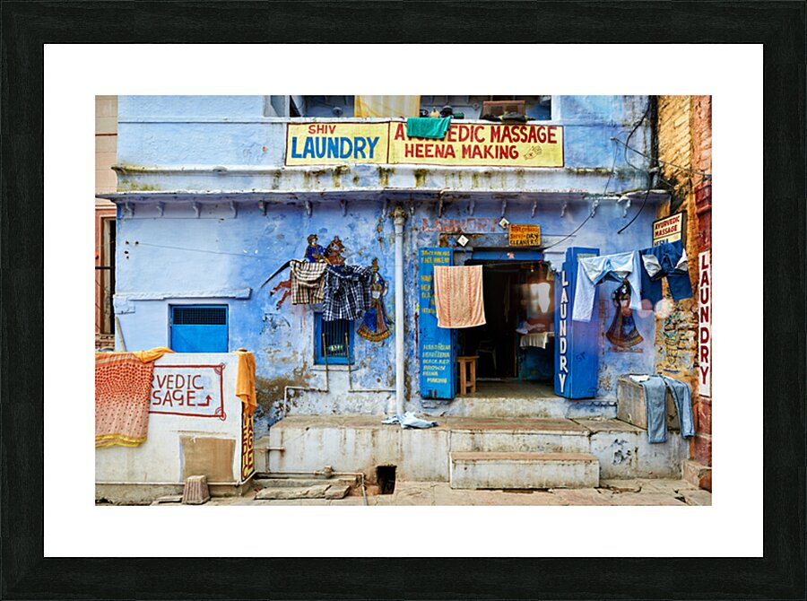Bundi house showcasing local businesses and laundry Picture Frame print