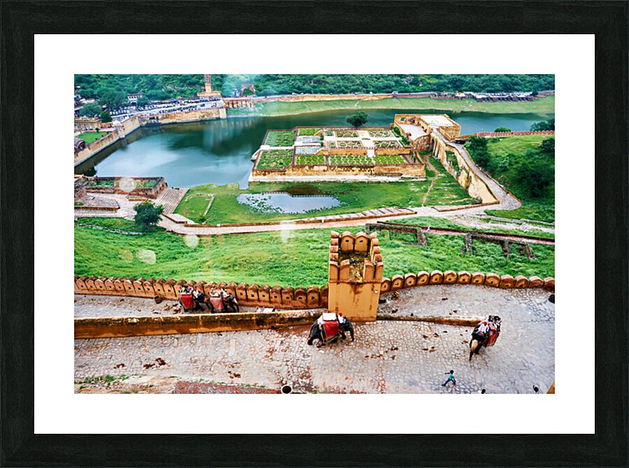 Exploring Amber Palace in Rajasthan with visitors and elephants Picture Frame print