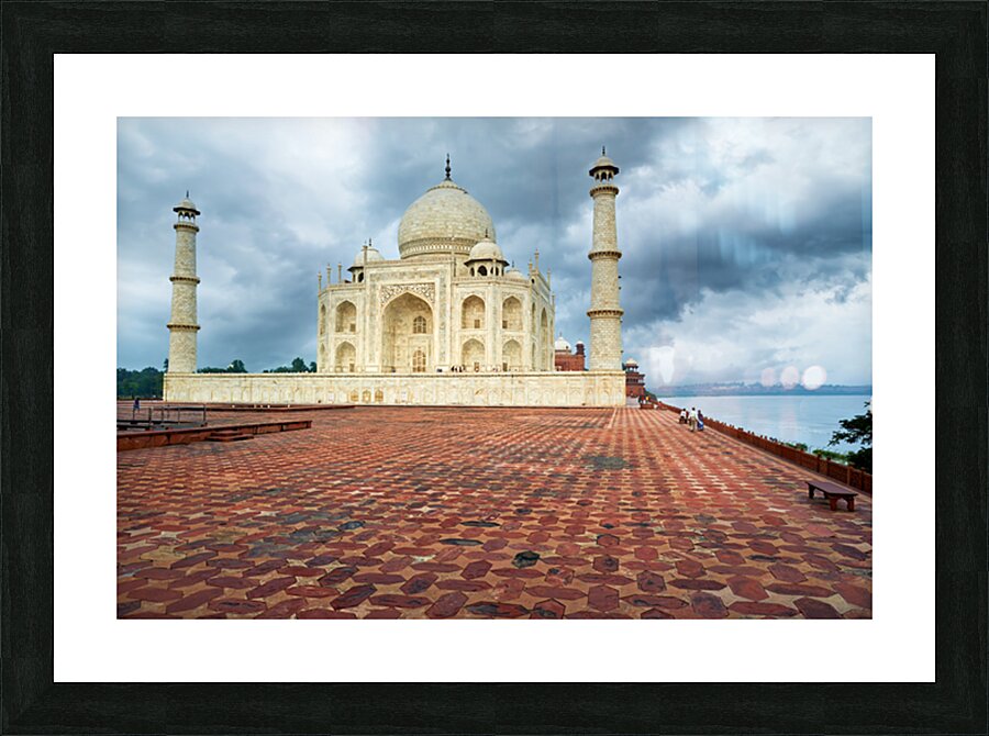 Taj Mahal in Agra during cloudy weather with empty courtyard Picture Frame print