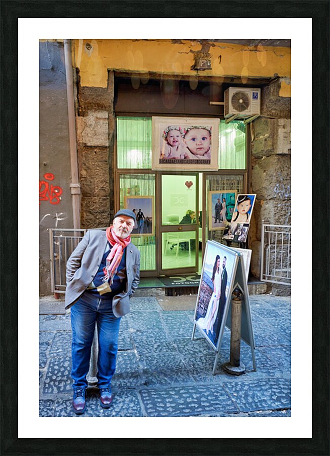 Domenico Caso stands in front of his workshop in Naples Campania Picture Frame print