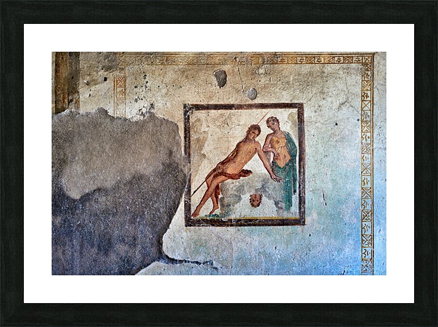Ancient mural from Pompeii shows figures in a dramatic scene Picture Frame print