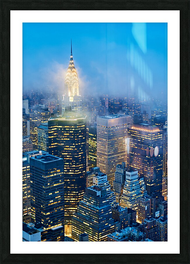 Aerial view of Manhattan skyline at dusk with Chrysler Building Picture Frame print