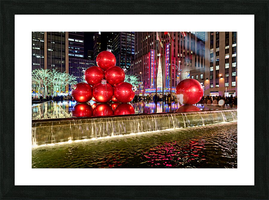 Manhattan showcases big red ornaments at Christmas time Picture Frame print