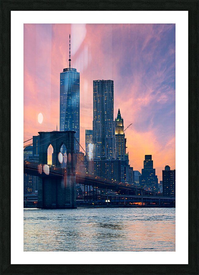 Brooklyn Bridge and Manhattan skyline during sunset in New York Picture Frame print
