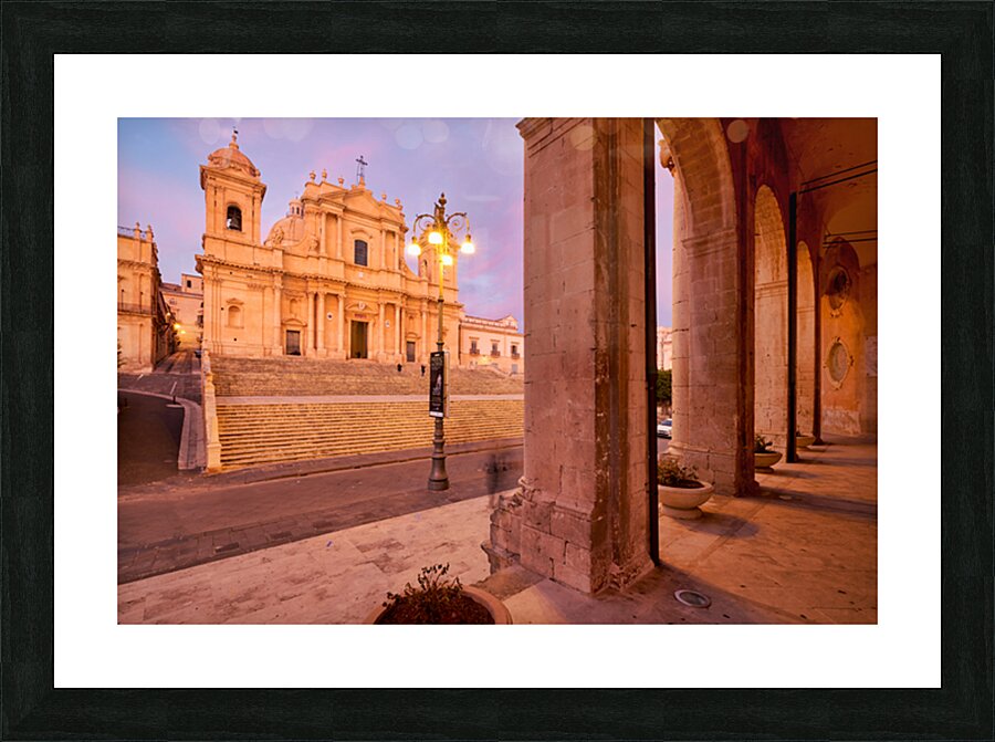 Noto Cathedral in Sicily glows at dusk with streetlights Picture Frame print