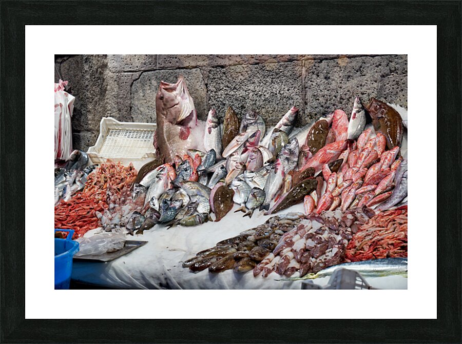 Fresh seafood display at Piscaria market in Catania Sicily Picture Frame print