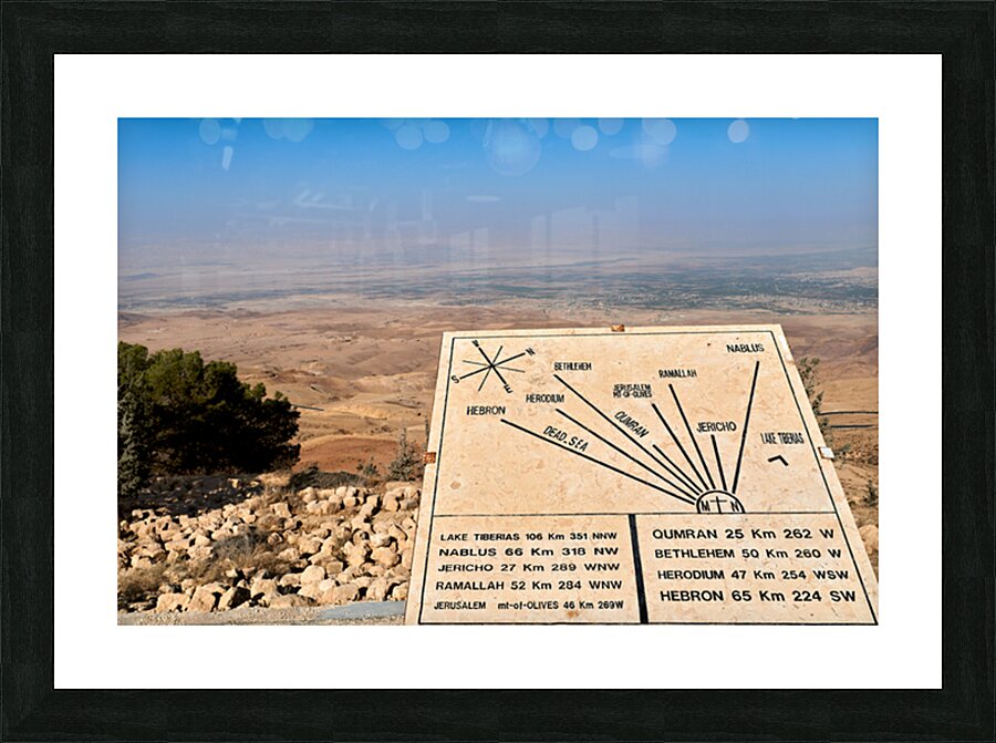 View from Mount Nebo shows signs and the Landscape of Jordan Picture Frame print