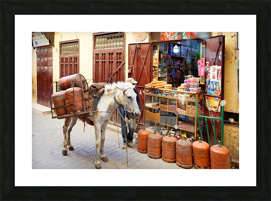 Donkey carrying gas cylinders through Fez Medina streets Picture Frame print