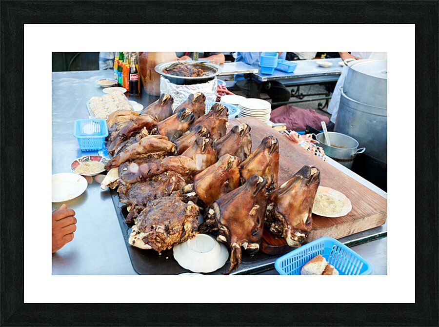 Goat heads ready to serve in Marrakeshs Djema el Fna Picture Frame print
