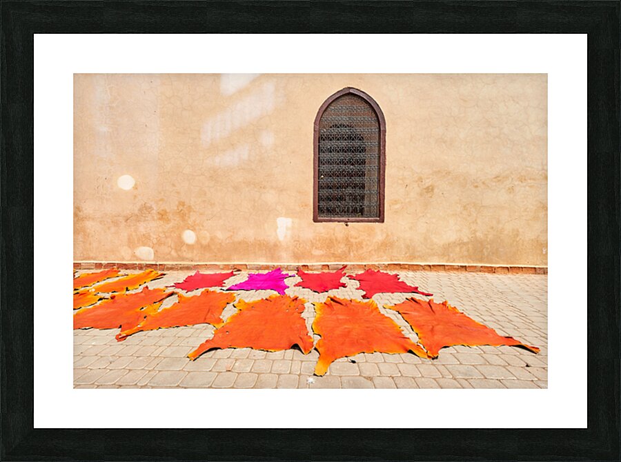 Dyed leather drying in the sun in Marrakesh Morocco Picture Frame print