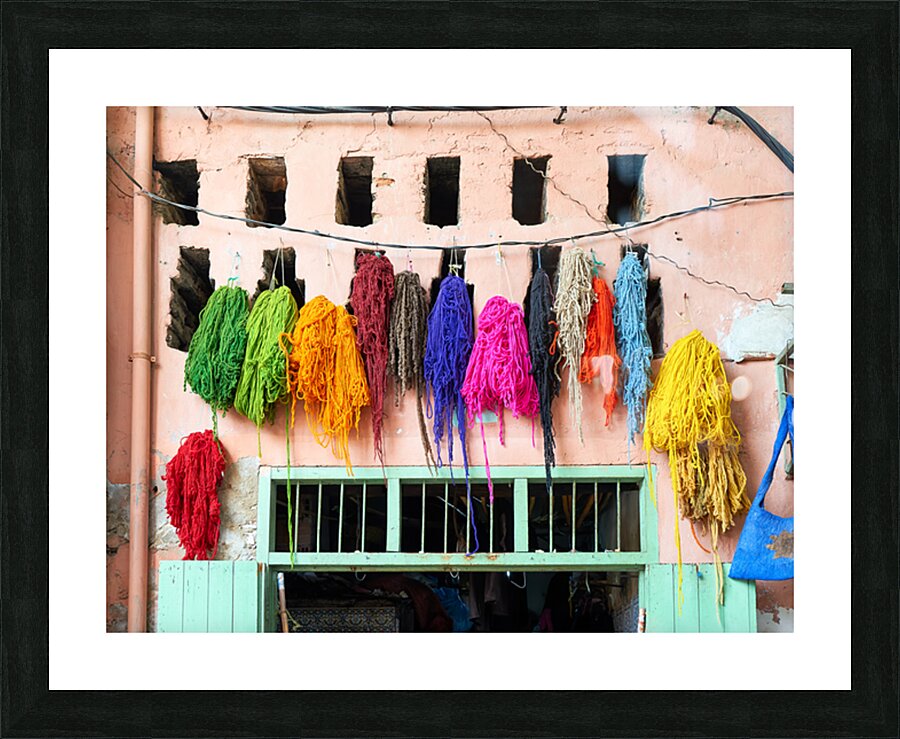 Hanging dyed threads in the dyers souk of Marrakesh Morocco Picture Frame print
