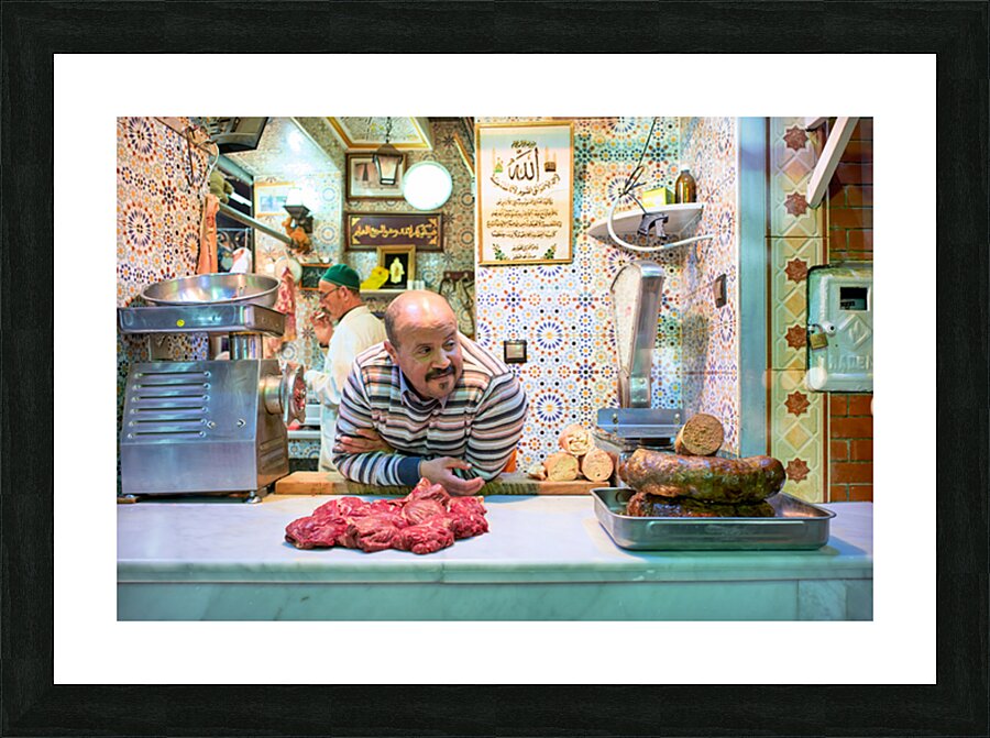 Meknes butcher in the souk selling fresh meat and sausages Picture Frame print