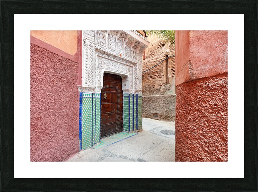 Narrow alleys in Marrakeshs Medina show traditional architectur Picture Frame print