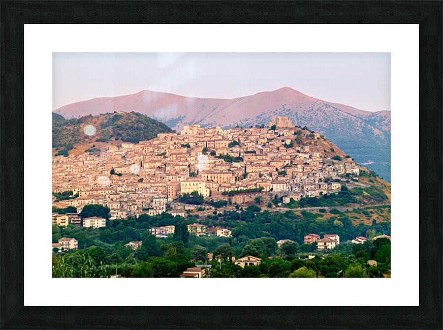 Panorama of Morano Calabro town at sunrise in Calabria Italy Picture Frame print