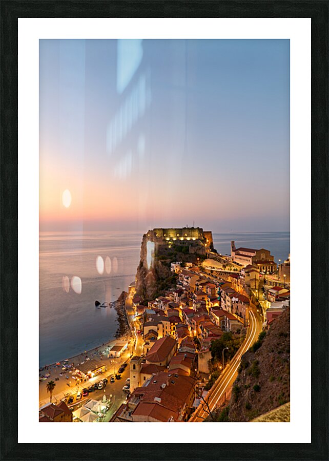 Elevated view of Ruffo castle and Scilla at sunset in Calabria Picture Frame print