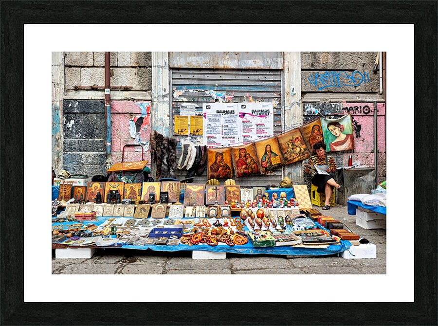 Market scene in Palermo Sicily with local crafts and art Picture Frame print
