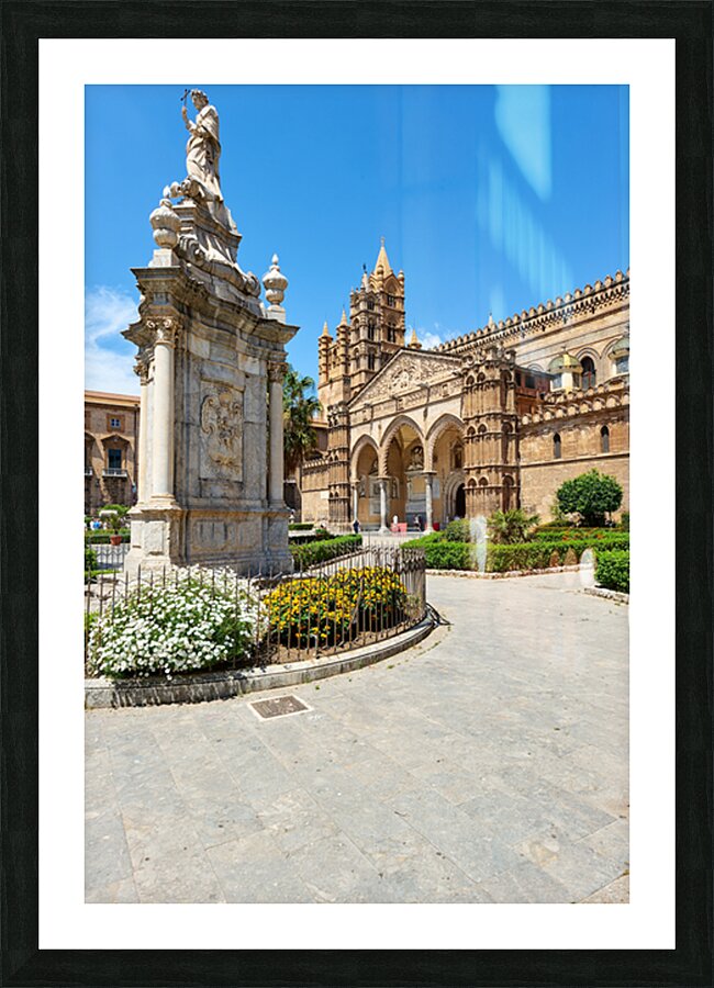 Palermo Cathedral stands tall with statue in front and blue sky Picture Frame print