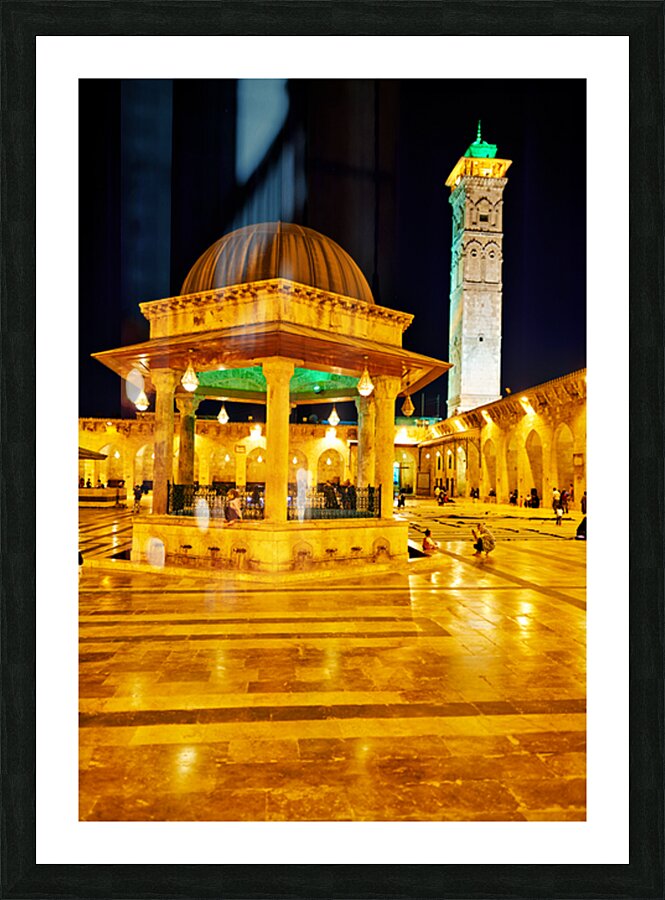 Aleppo mosque at night with lights and visitors in the courtyard Picture Frame print