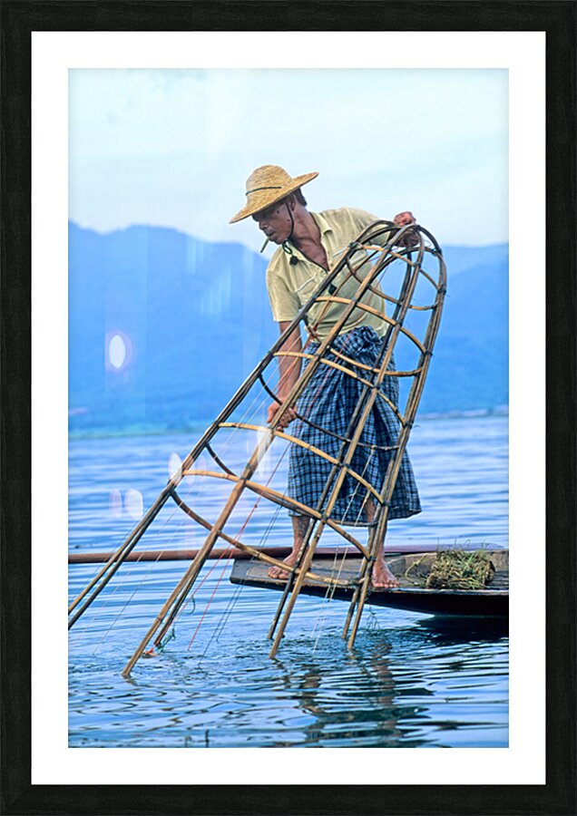 Fishing on Inle Lake in Myanmar with bamboo tools Picture Frame print