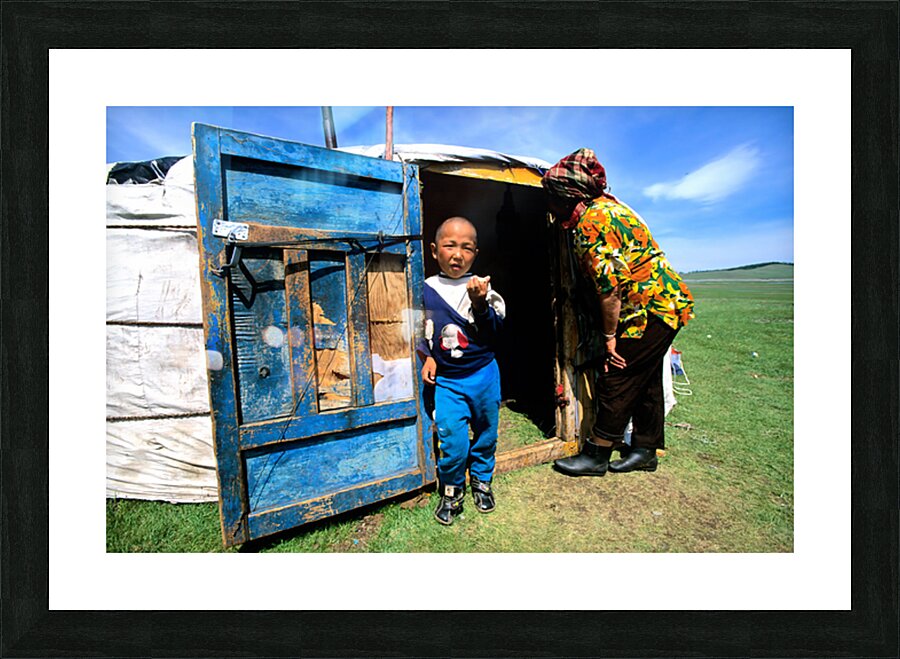 Ger tent in Mongolia with child and elder outside Picture Frame print