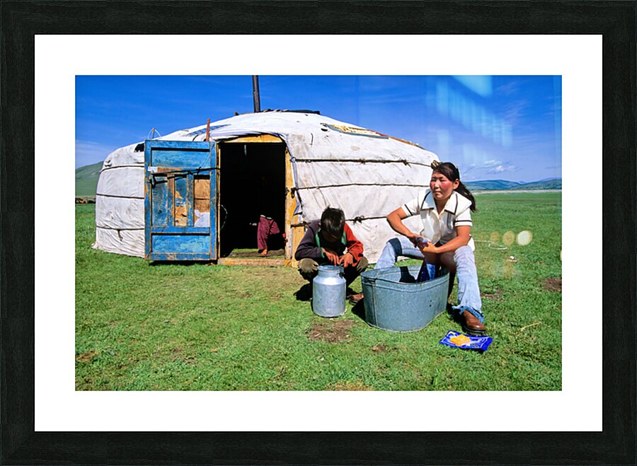 Mongolian ger in the countryside with people and daily activitie Picture Frame print