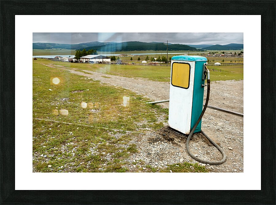 Old style soviet gas station in Mongolia near open fields Picture Frame print