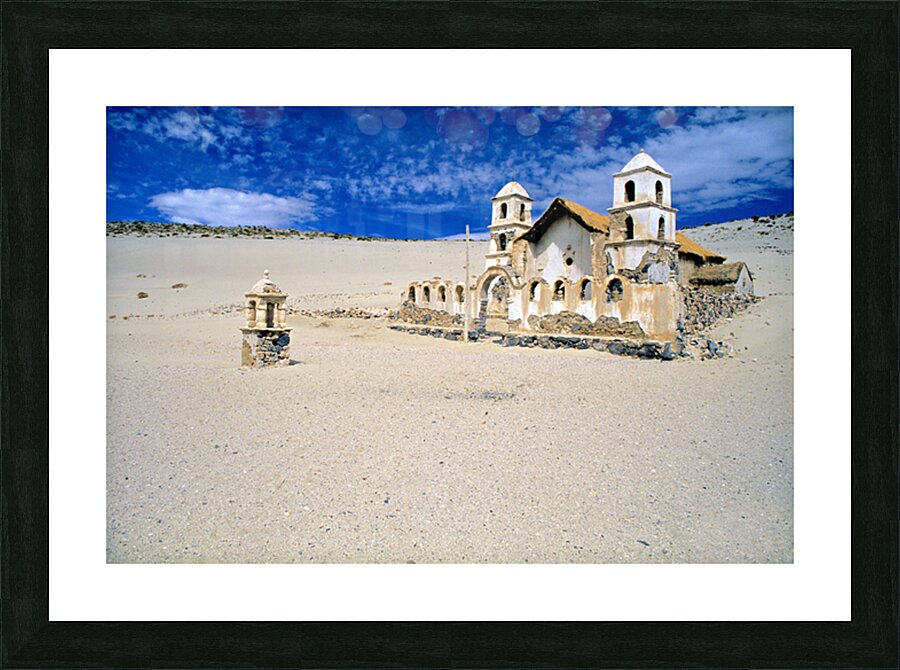 Old church ruins in a desolate sandy landscape. Picture Frame print